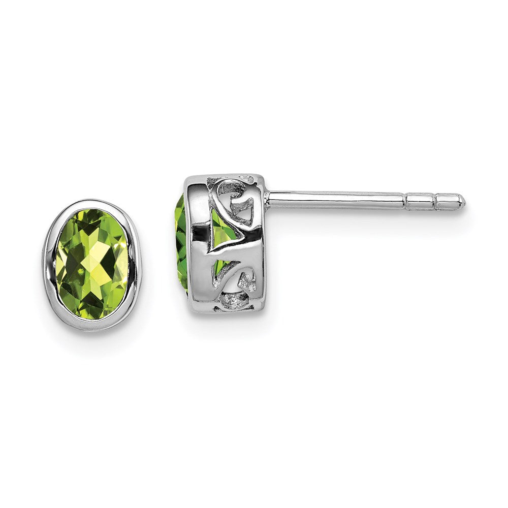 QE12626PE Sterling Silver Rhodium-plated Polished Peridot Oval Post Earrings