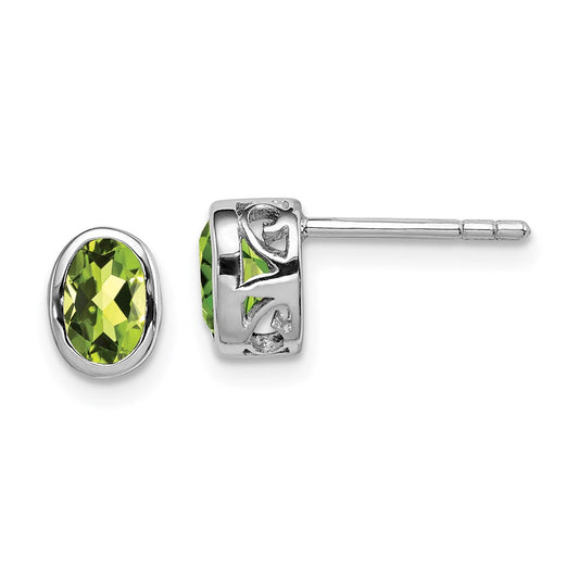 QE12626PE Sterling Silver Rhodium-plated Polished Peridot Oval Post Earrings