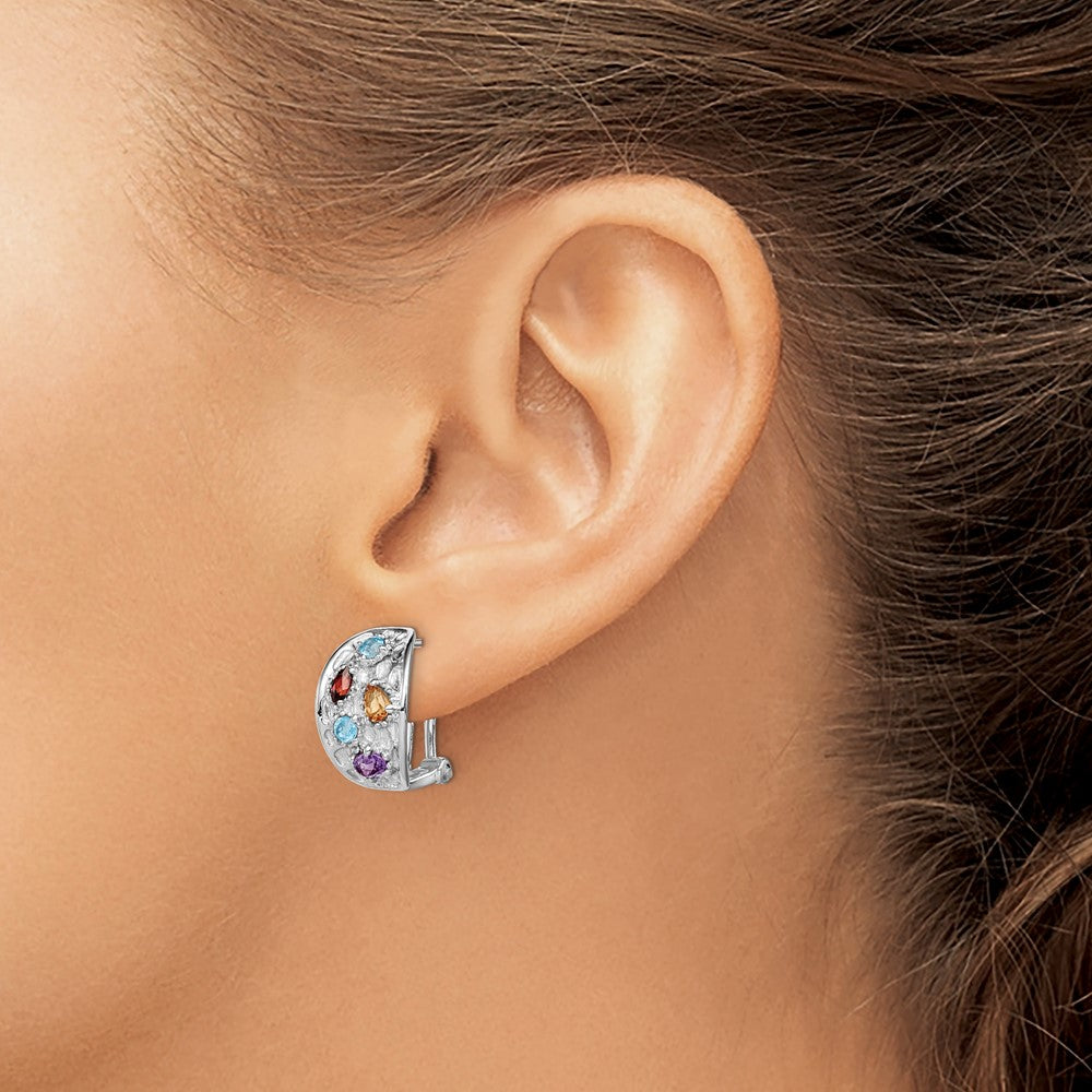QE12630RB SS Rhodium-plated Amethyst/Blue Topaz/Garnet/Citrine Omega Back Earrings