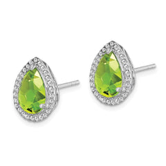 QE12637AUG Sterling Silver Rhodium Polished Simulated Peridot & CZ Post Earrings