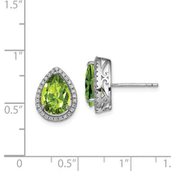 QE12637AUG Sterling Silver Rhodium Polished Simulated Peridot & CZ Post Earrings