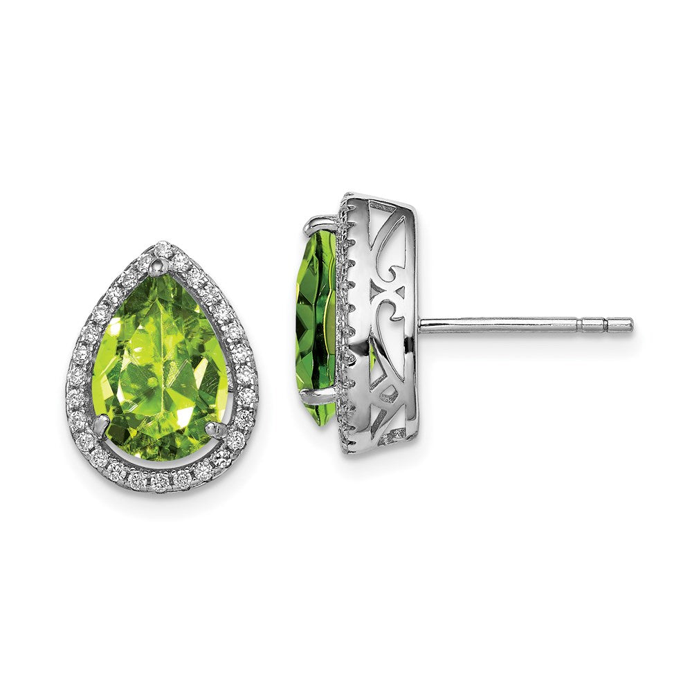 QE12637AUG Sterling Silver Rhodium Polished Simulated Peridot & CZ Post Earrings