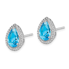 QE12637DEC Sterling Silver Rhodium Polished Blue Topaz & CZ Post Earrings
