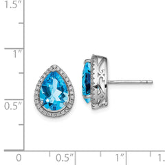 QE12637DEC Sterling Silver Rhodium Polished Blue Topaz & CZ Post Earrings