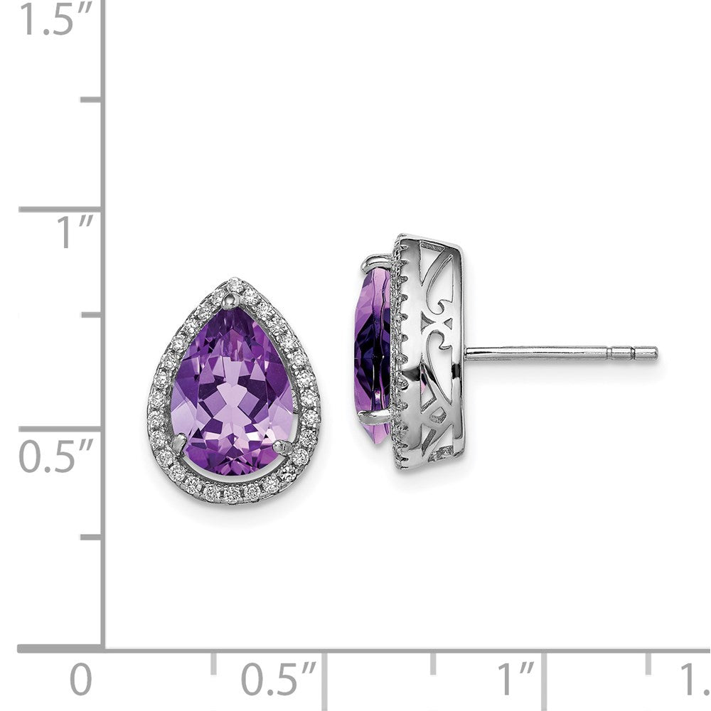 QE12637FEB Sterling Silver Rhodium Polished Amethyst & CZ Post Earrings