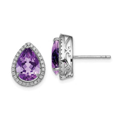 QE12637FEB Sterling Silver Rhodium Polished Amethyst & CZ Post Earrings