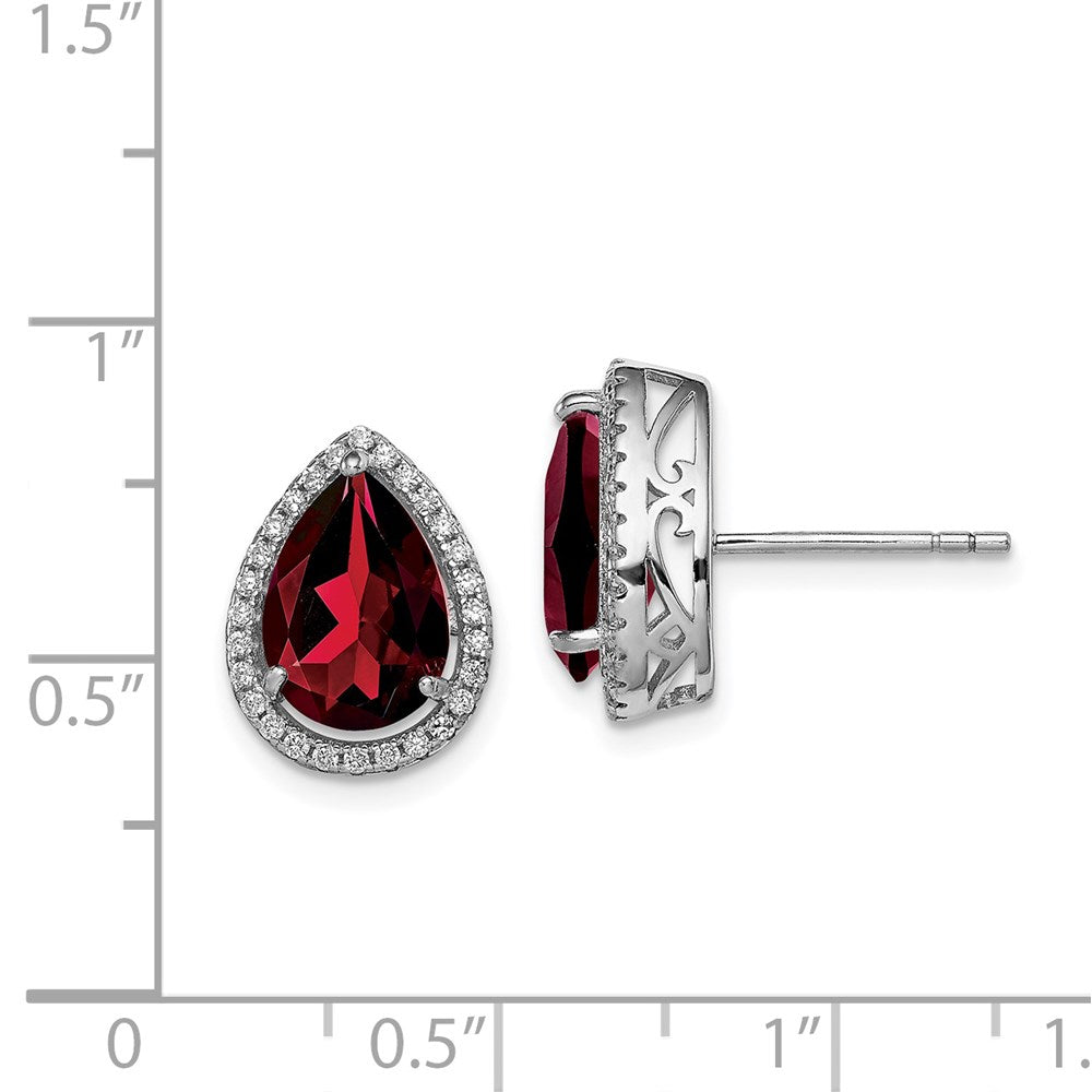QE12637JAN Sterling Silver Rhodium Polished Garnet & CZ Post Earrings
