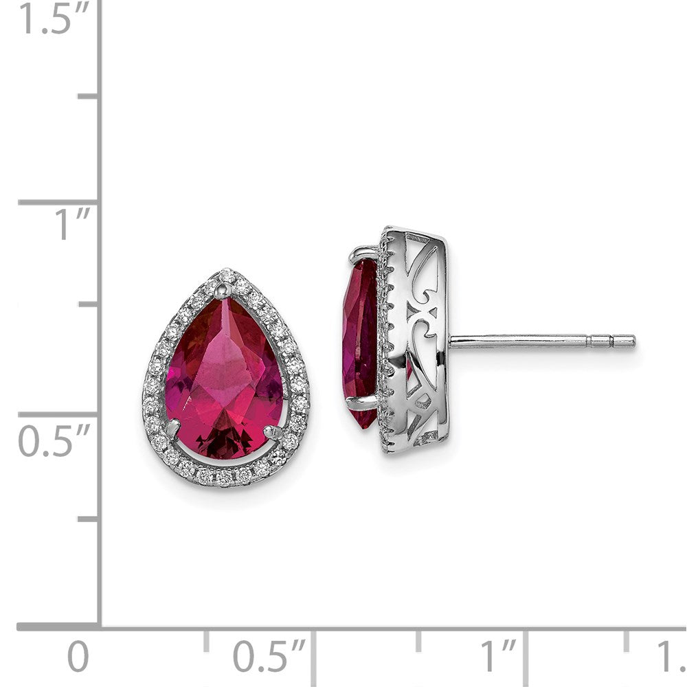 QE12637JUL Sterling Silver Rhodium Polished Clear CZ and Lab Created Ruby Pear Post Earrings