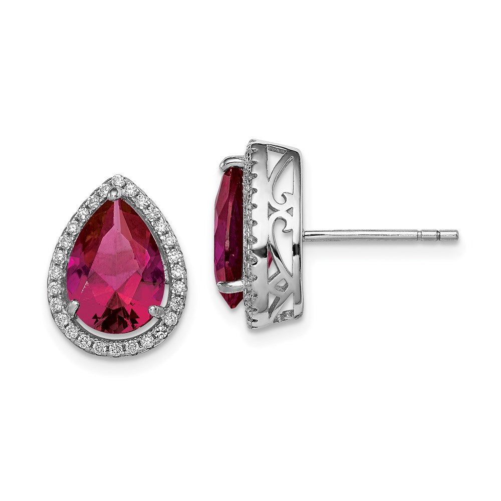 QE12637JUL Sterling Silver Rhodium Polished Clear CZ and Lab Created Ruby Pear Post Earrings