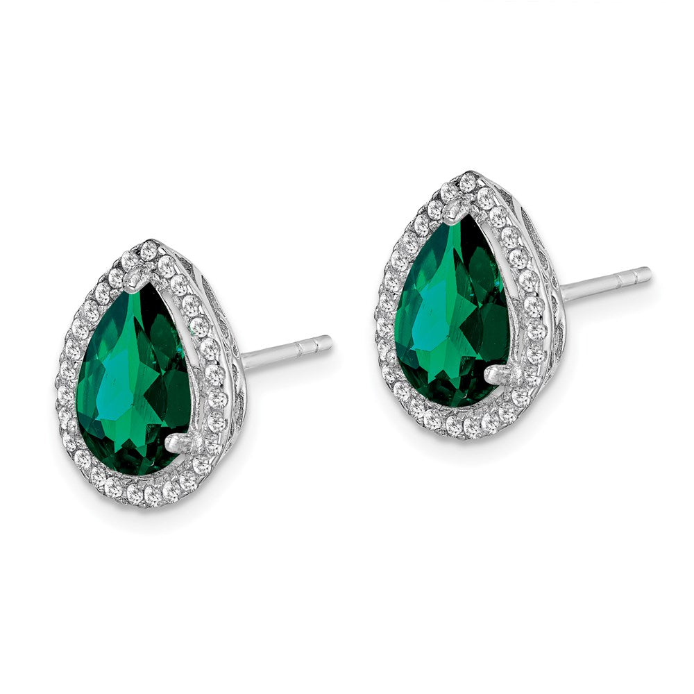 QE12637MAY Sterling Silver Rhodium Simulated Emerald & CZ Post Earrings