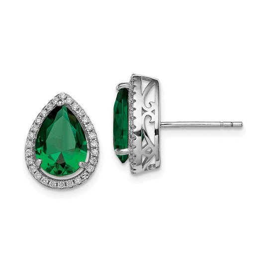 QE12637MAY Sterling Silver Rhodium Simulated Emerald & CZ Post Earrings