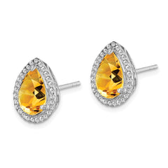 QE12637NOV Sterling Silver Rhodium Polished Citrine & CZ Post Earrings