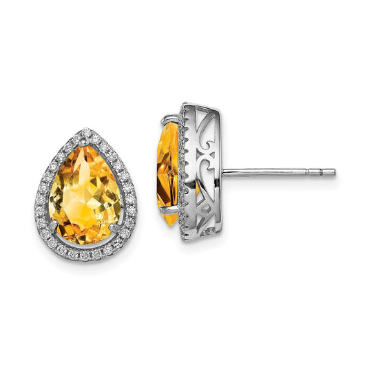 QE12637NOV Sterling Silver Rhodium Polished Citrine & CZ Post Earrings