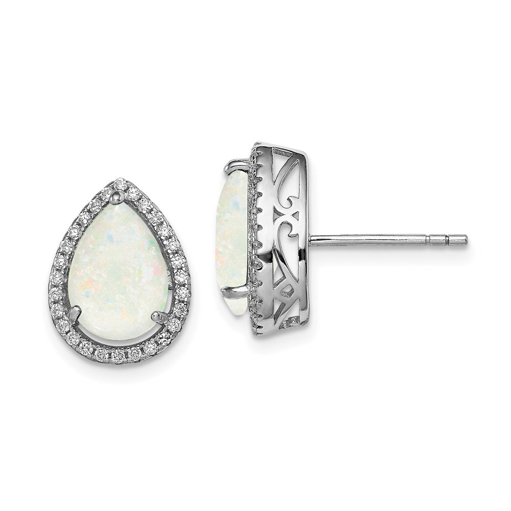 QE12637OCT Sterling Silver Rhodium Polished Simulated Opal & CZ Post Earrings