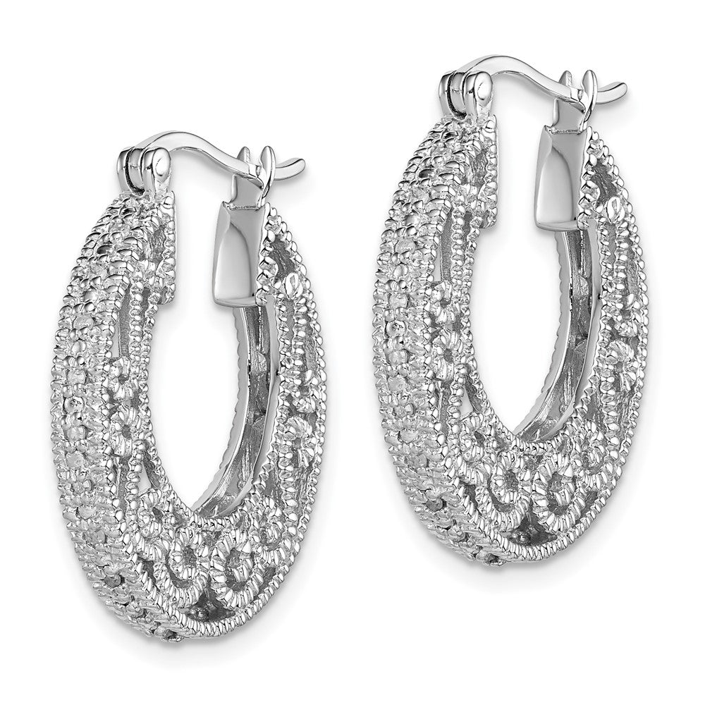QE12644 Sterling Silver Rhodium with Diam. Hinged Hoop Earrings