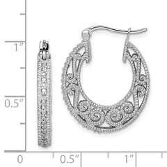 QE12644 Sterling Silver Rhodium with Diam. Hinged Hoop Earrings