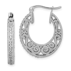 QE12644 Sterling Silver Rhodium with Diam. Hinged Hoop Earrings