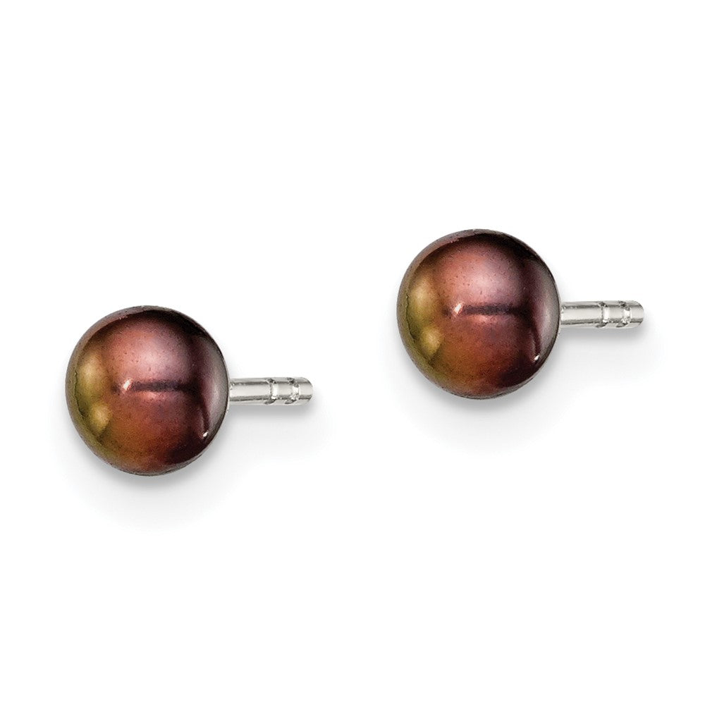 QE12667 Sterling Silver Rhodium-plated 3-4mm Black Button Freshwater Cultured Pearl Post Earrings