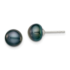 QE12668 Sterling Silver Rhodium-plated 7-8mm Black Button Freshwater Cultured Pearl Post Earring