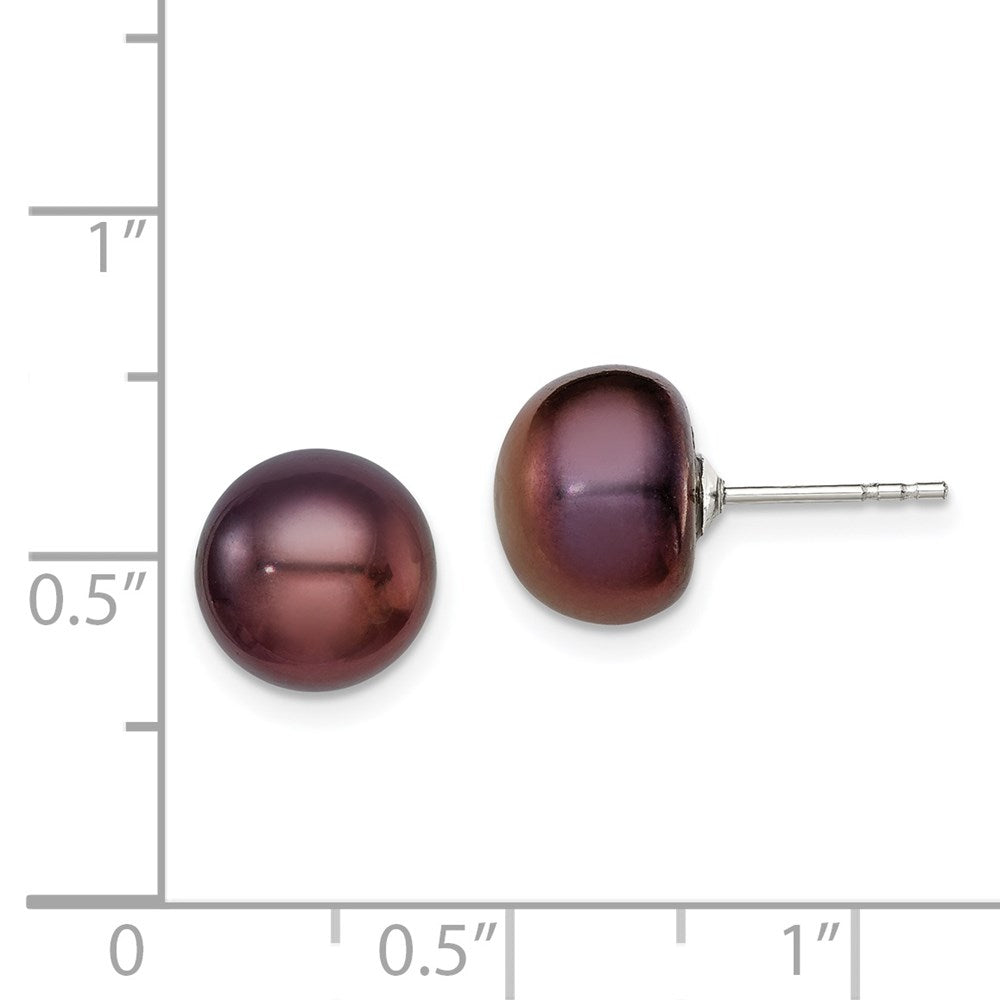 QE12669 Sterling Silver Rhodium-plated 9-10mm Black Button Freshwater Cultured Pearl Post Earrings