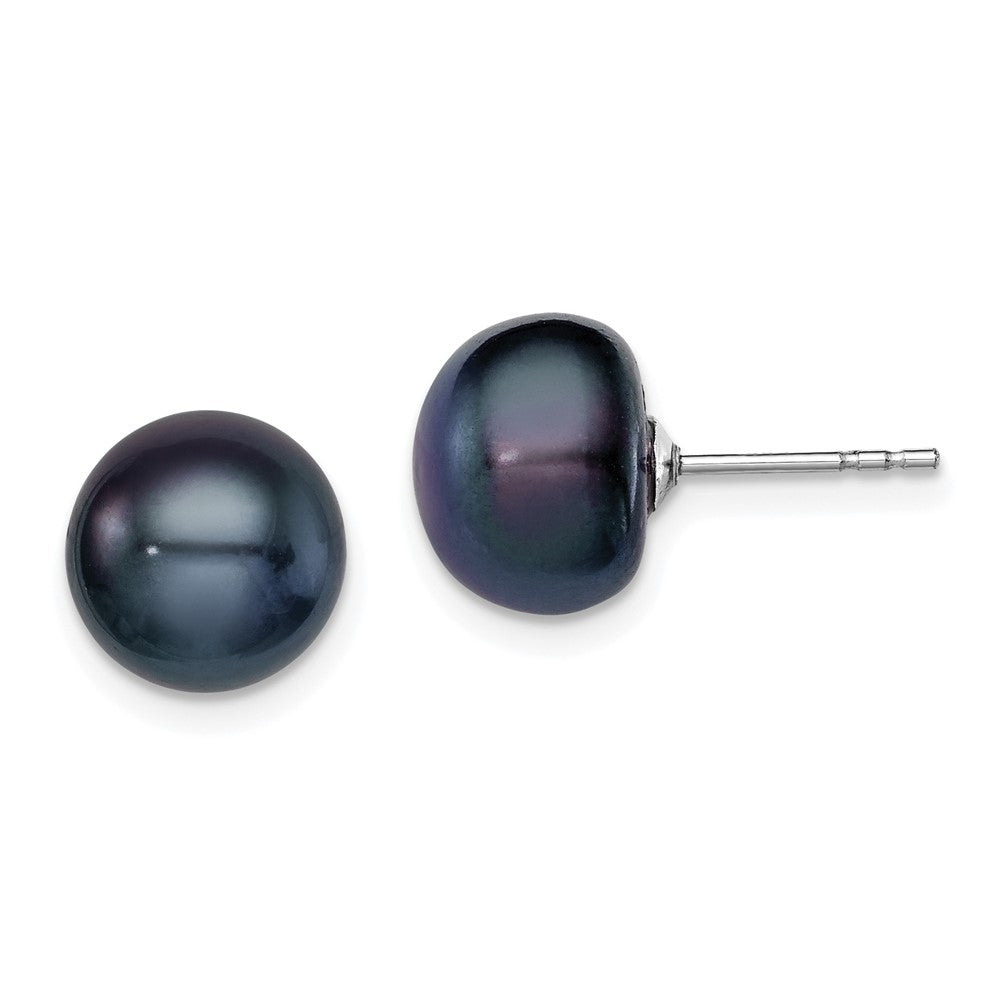 QE12669 Sterling Silver Rhodium-plated 9-10mm Black Button Freshwater Cultured Pearl Post Earrings