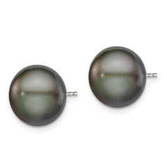 QE12670 Sterling Silver Rhodium-plated 11-12mm Black Button Freshwater Cultured Pearl Post Earrings