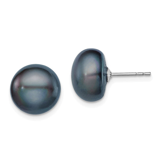 QE12670 Sterling Silver Rhodium-plated 11-12mm Black Button Freshwater Cultured Pearl Post Earrings