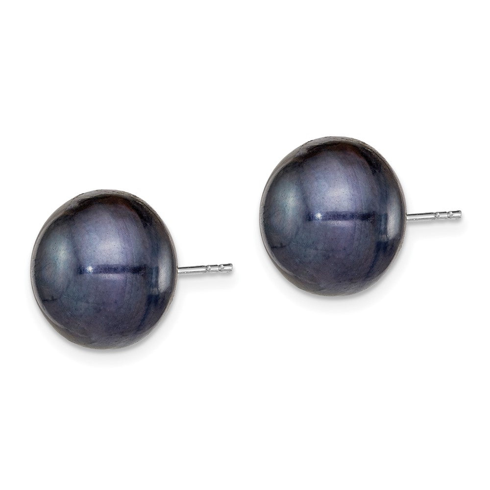 QE12671 Sterling Silver Rhodium-plated 12-13mm Black Button Freshwater Cultured Pearl Post Earrings