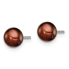 QE12672 Sterling Silver Rhodium-plated 5-6mm Brown Button Freshwater Cultured Pearl Post Earring