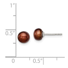 QE12672 Sterling Silver Rhodium-plated 5-6mm Brown Button Freshwater Cultured Pearl Post Earring