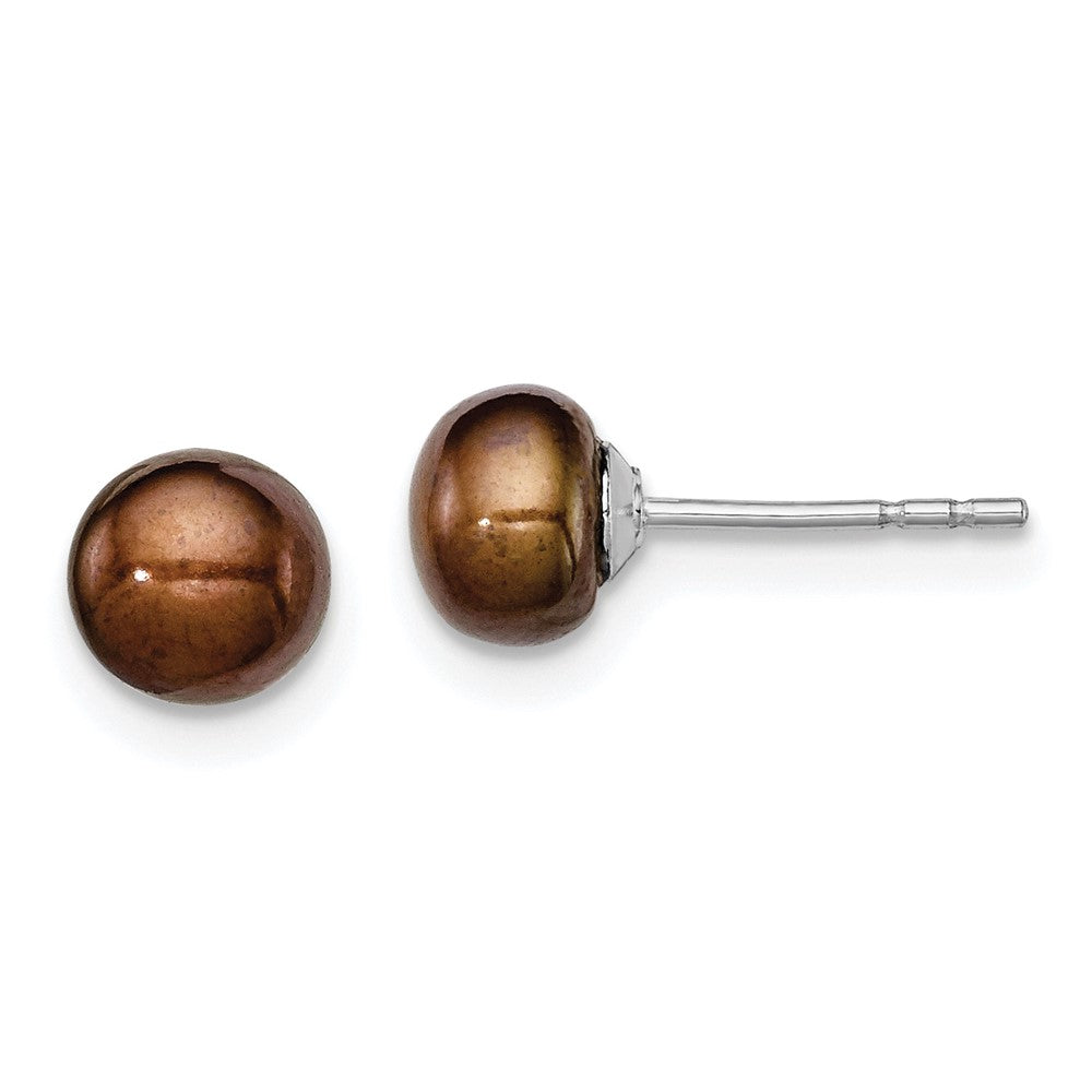 QE12672 Sterling Silver Rhodium-plated 5-6mm Brown Button Freshwater Cultured Pearl Post Earring