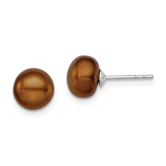 QE12673 Sterling Silver Rhodium-plated 7-8mm Brown Button Freshwater Cultured Pearl Post Earring