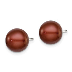 QE12674 Sterling Silver Rhodium-plated 9-10mm Brown Button Freshwater Cultured Pearl Post Earrings