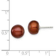 QE12674 Sterling Silver Rhodium-plated 9-10mm Brown Button Freshwater Cultured Pearl Post Earrings