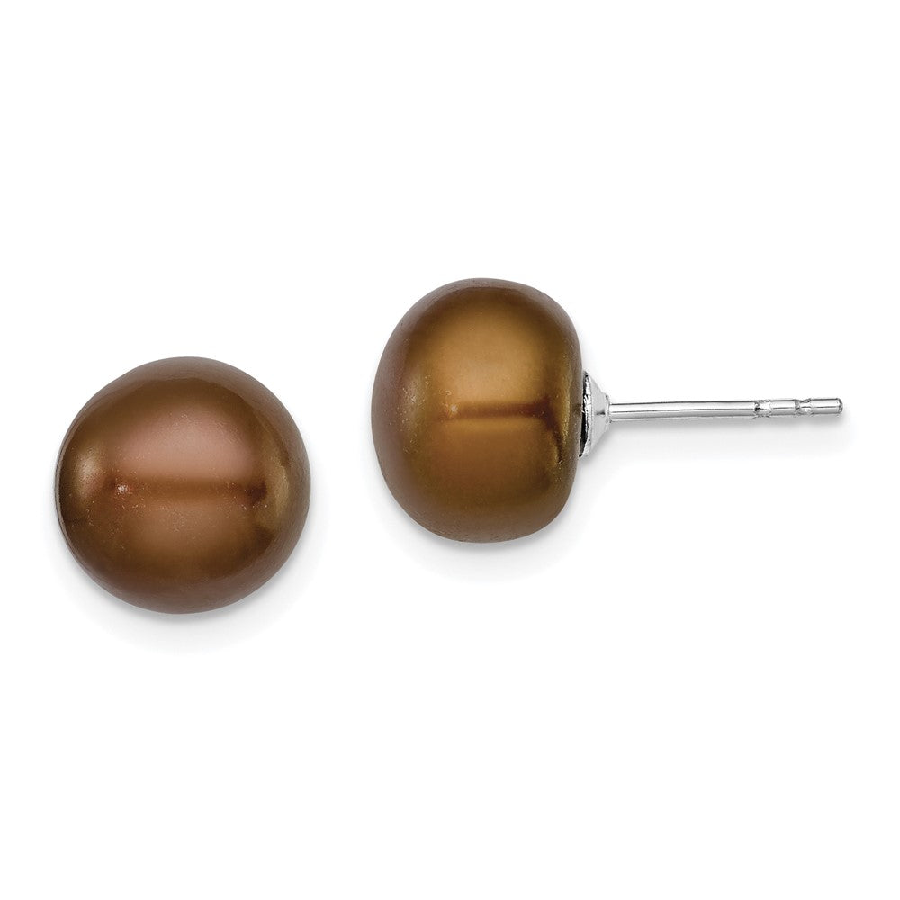 QE12674 Sterling Silver Rhodium-plated 9-10mm Brown Button Freshwater Cultured Pearl Post Earrings