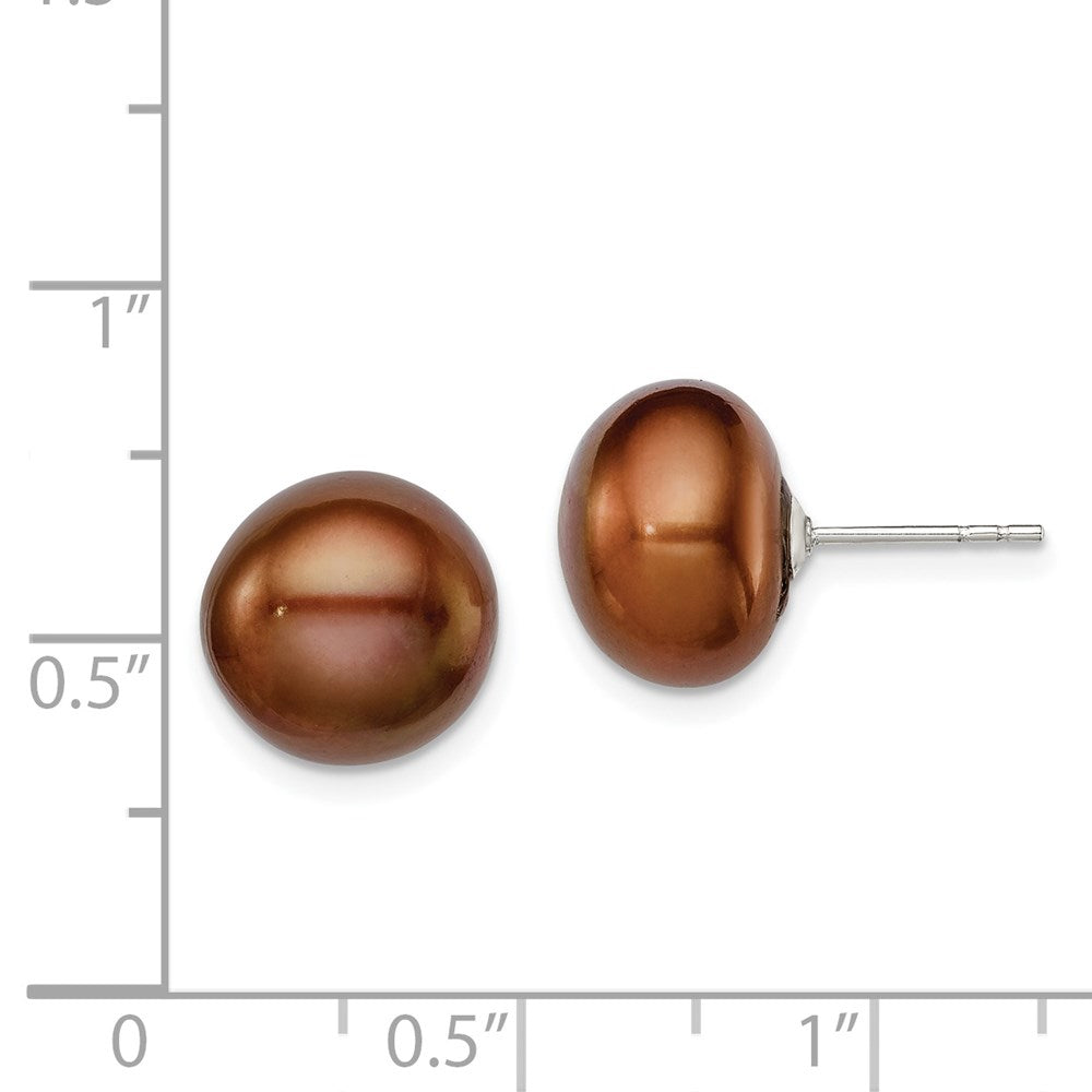 QE12675 Sterling Silver Rhodium-plated 11-12mm Brown Button Freshwater Cultured Pearl Post Earrings