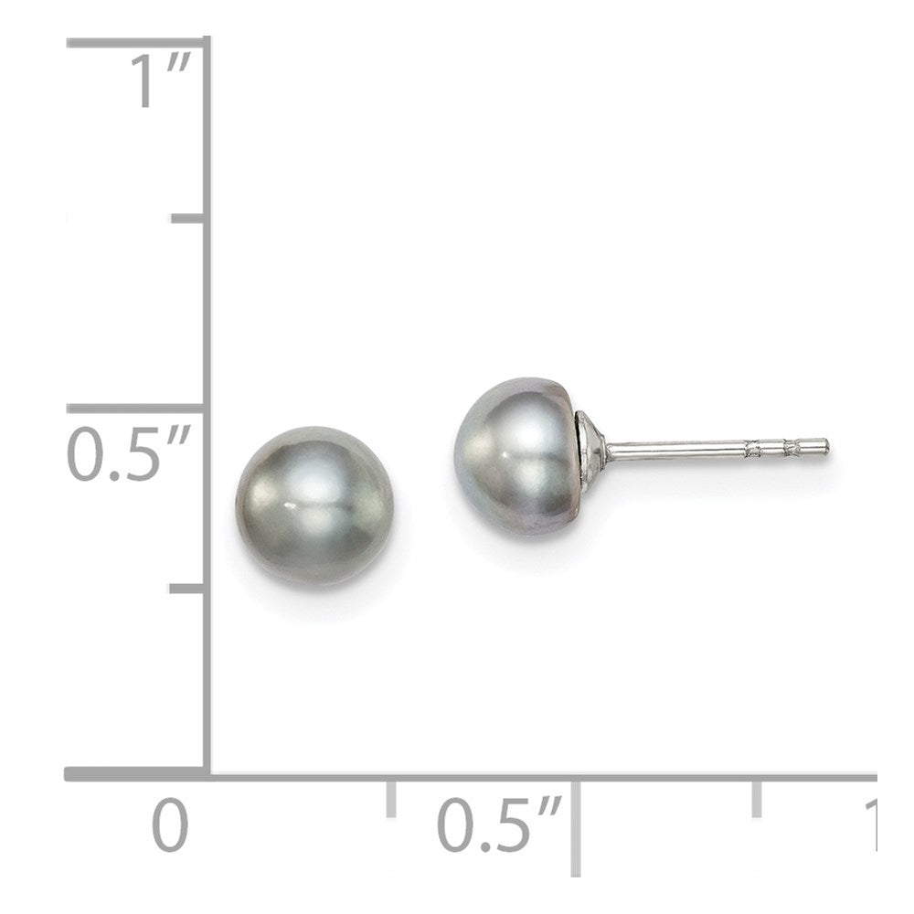 QE12676 Sterling Silver Rhodium-plated 5-6mm Grey Button Freshwater Cultured Pearl Post Earrings