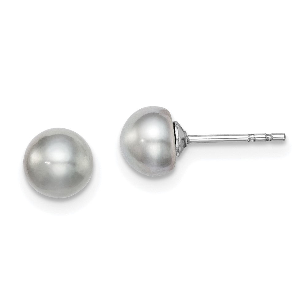 QE12676 Sterling Silver Rhodium-plated 5-6mm Grey Button Freshwater Cultured Pearl Post Earrings