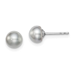 QE12676 Sterling Silver Rhodium-plated 5-6mm Grey Button Freshwater Cultured Pearl Post Earrings
