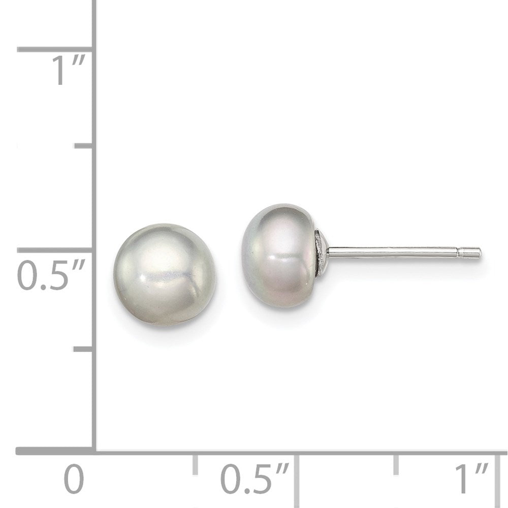 QE12677 Sterling Silver Rhodium-plated 6-7mm Grey Button Freshwater Cultured Pearl Post Earrings