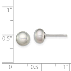 QE12677 Sterling Silver Rhodium-plated 6-7mm Grey Button Freshwater Cultured Pearl Post Earrings