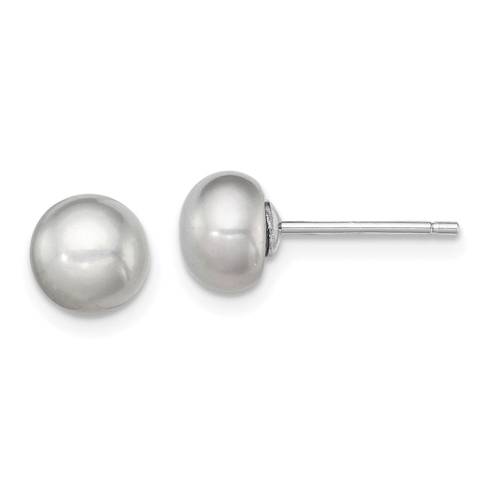 QE12677 Sterling Silver Rhodium-plated 6-7mm Grey Button Freshwater Cultured Pearl Post Earrings