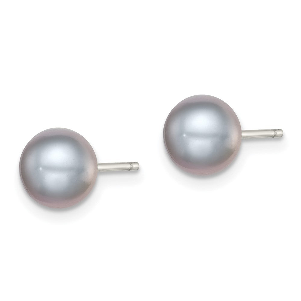 QE12678 Sterling Silver Rhodium-plated 7-8mm Grey Button Freshwater Cultured Pearl Post Earrings