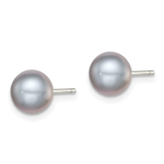 QE12678 Sterling Silver Rhodium-plated 7-8mm Grey Button Freshwater Cultured Pearl Post Earrings