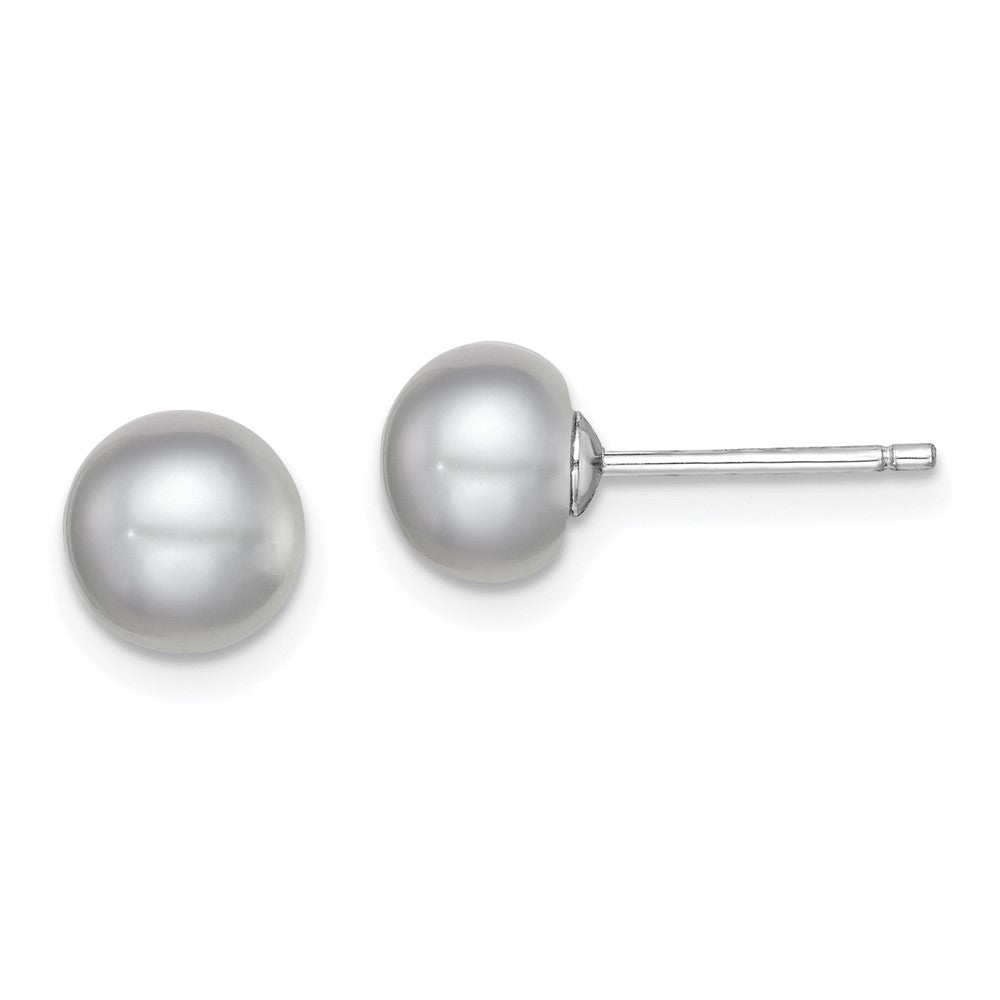 QE12678 Sterling Silver Rhodium-plated 7-8mm Grey Button Freshwater Cultured Pearl Post Earrings