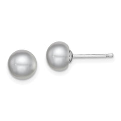 QE12678 Sterling Silver Rhodium-plated 7-8mm Grey Button Freshwater Cultured Pearl Post Earrings