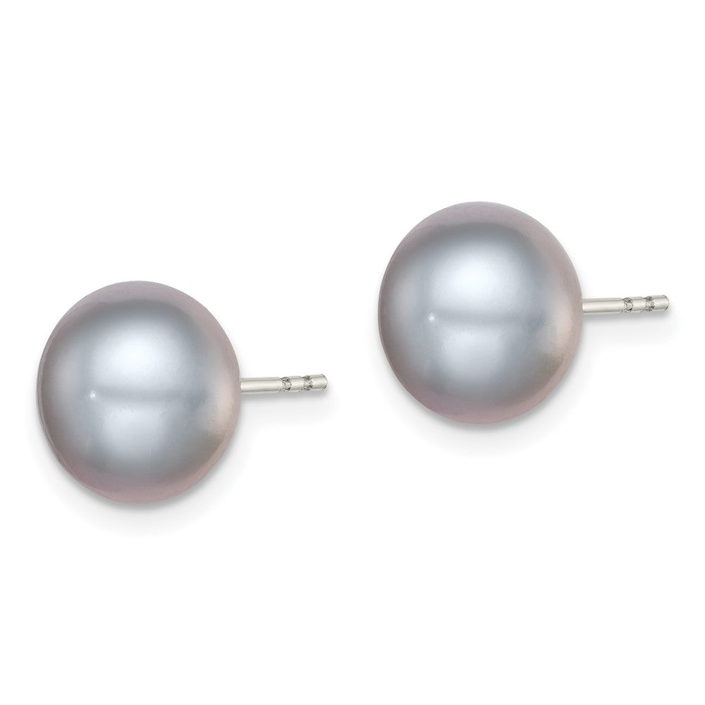 QE12679 Sterling Silver Rhodium-plated 9-10mm Grey Button Freshwater Cultured Pearl Post Earrings
