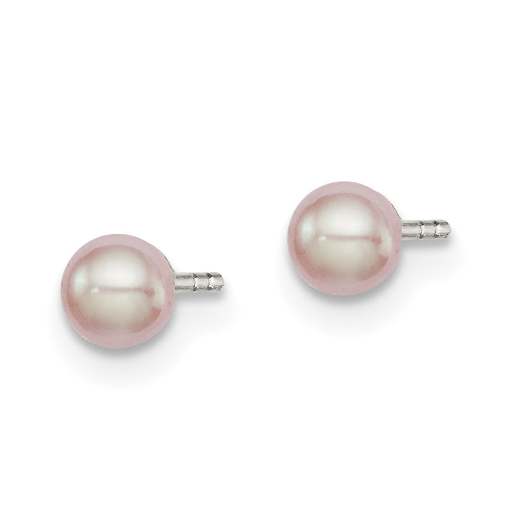 QE12682 Sterling Silver Rhodium-plated 3-4mm Pink Button Freshwater Cultured Pearl Post Earrings