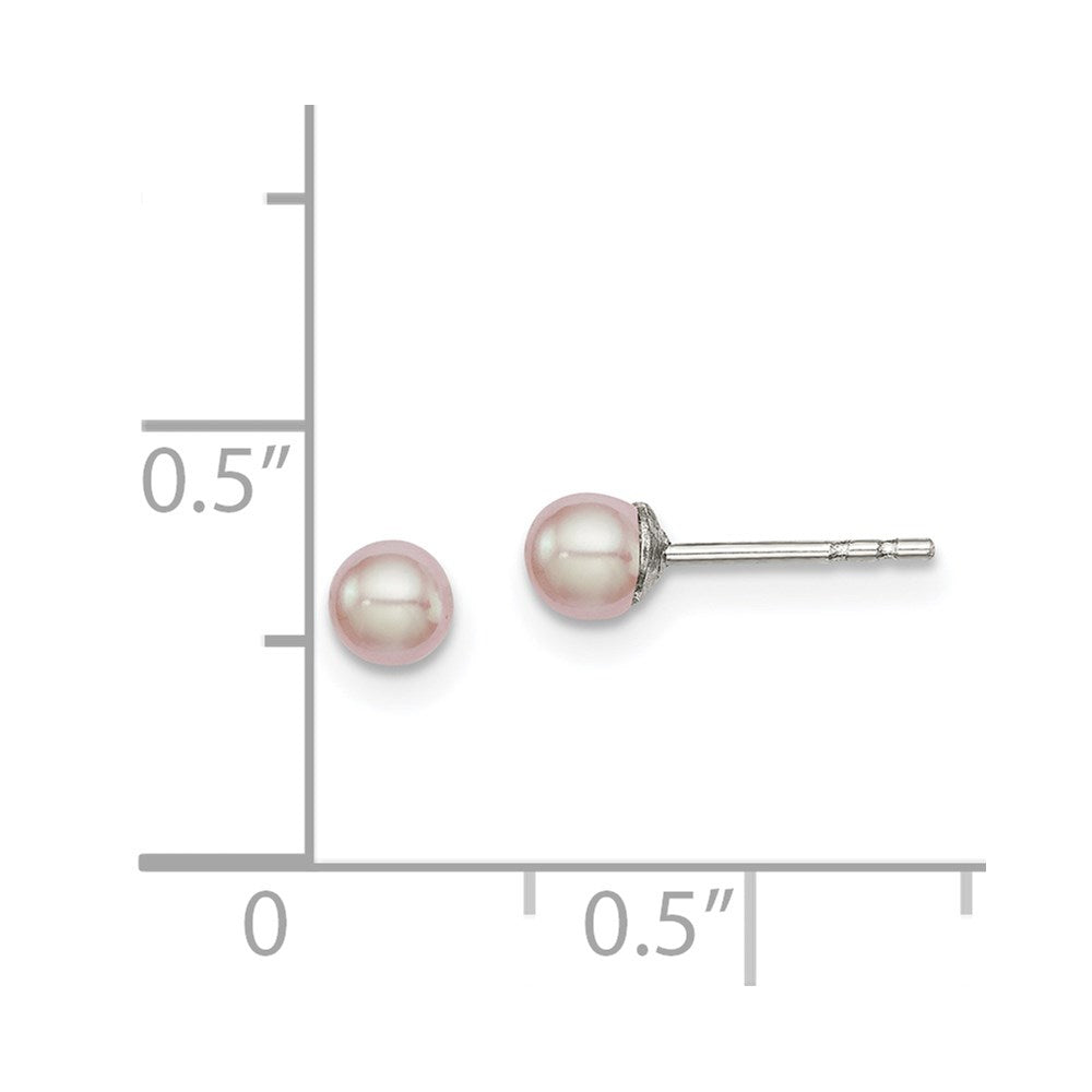 QE12682 Sterling Silver Rhodium-plated 3-4mm Pink Button Freshwater Cultured Pearl Post Earrings