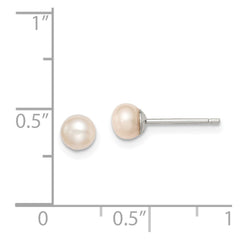 QE12683 Sterling Silver Rhodium-plated 4-5mm Pink Button Freshwater Cultured Pearl Post Earrings